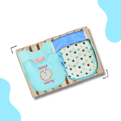 Donut & Fox Bibs, Stars & plain blue burp cloth