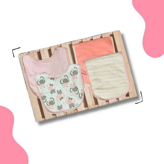 Elephant and Plain Pink Bibs & Milk & cookies and plain orange burp cloth