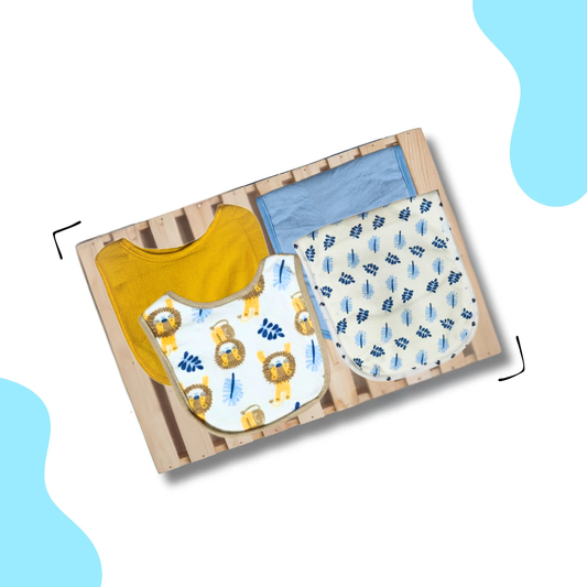 Tiger and plain yellow Bibs & Leafs and plain light blue burp cloth