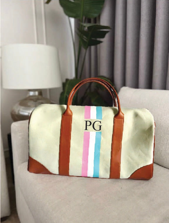 Cream Duffel, Tan Trimmings, Pink/Aqua Stripes