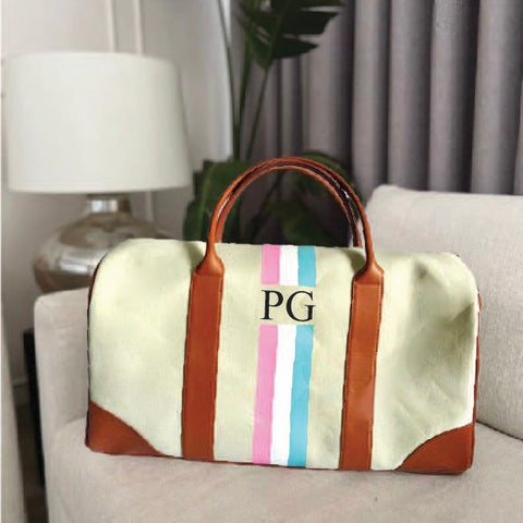 Cream Duffel, Tan Trimmings, Pink/Aqua Stripes