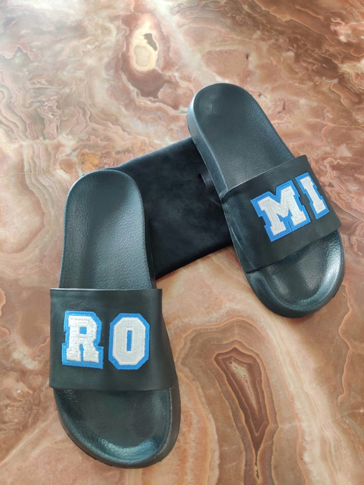 Slides - Black - Varsity Font Blue