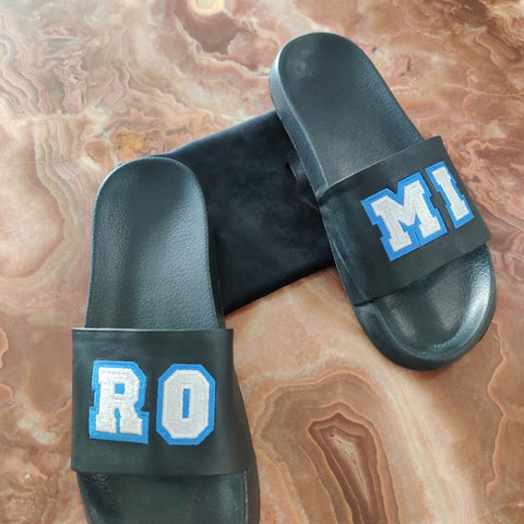 Slides - Black - Varsity Font Blue