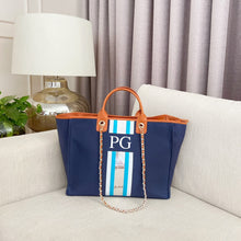 Load image into Gallery viewer, Blue Weekender, Tan Trimmings, Silver stripes