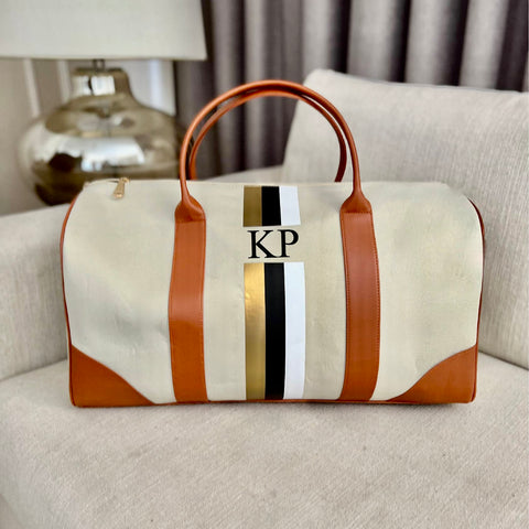 Cream Duffel, Tan Trimmings, Gold/Black Stripes