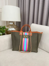 Load image into Gallery viewer, Olive Weekender, Tan Trimmings, Aqua Stripes