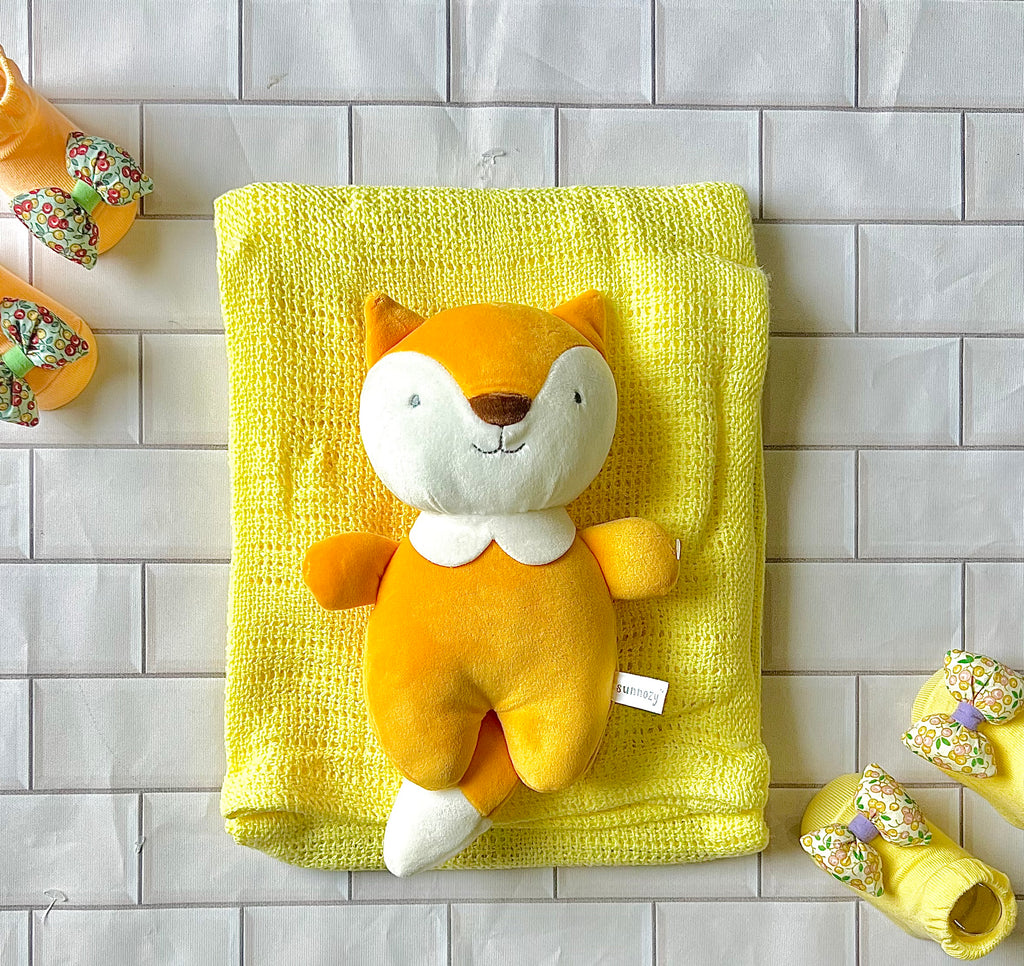 Crochet Blanket with Fox Stuffed Toy