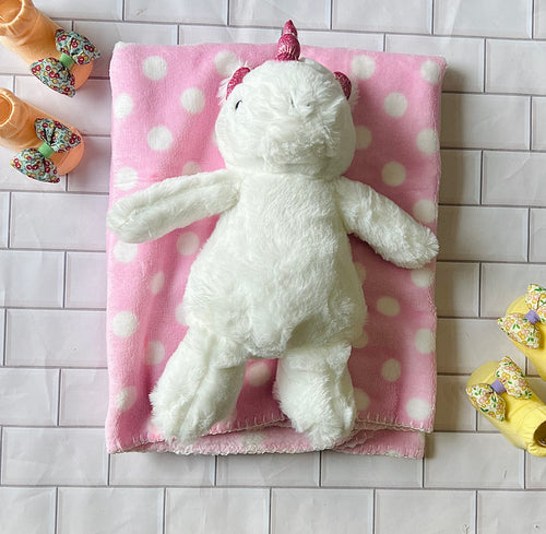 Pink Polkadot Blanket with Unicorn Stuffed Toy
