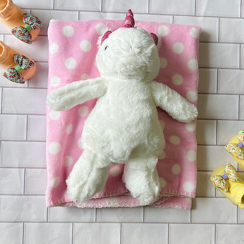 Pink Polkadot Blanket with Unicorn Stuffed Toy