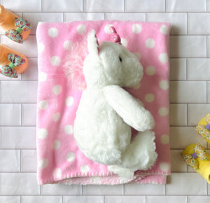 Pink Polkadot Blanket with Unicorn Stuffed Toy