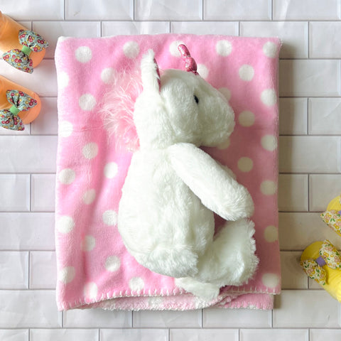 Pink Polkadot Blanket with Unicorn Stuffed Toy