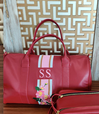 Cherry Red Bag, White/Pink/White Stripes, Flower Motif