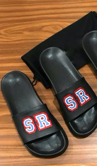 Slides - Black - Varsity Font Red