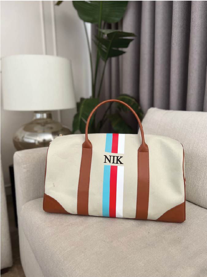 Cream Duffel, Tan Trimmings, Aqua/ Red Stripes