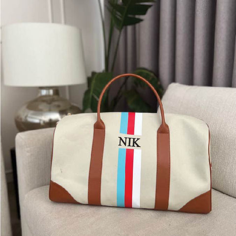 Cream Duffel, Tan Trimmings, Aqua/ Red Stripes