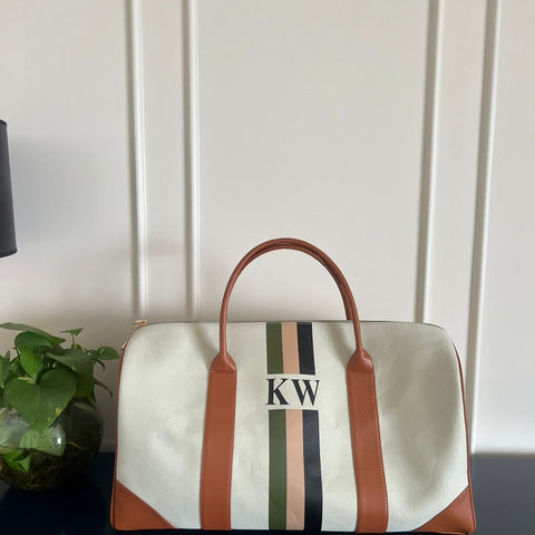 Cream Duffel, Tan Trimmings, Military Green/ Black Stripes