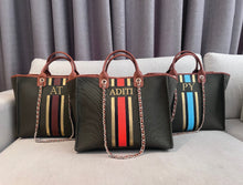 Load image into Gallery viewer, Olive Weekender,  Tan Trimmings, Turquoise Stripe