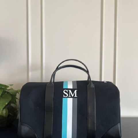 Black Duffel, Black Trimmings, Aqua/Grey Stripes